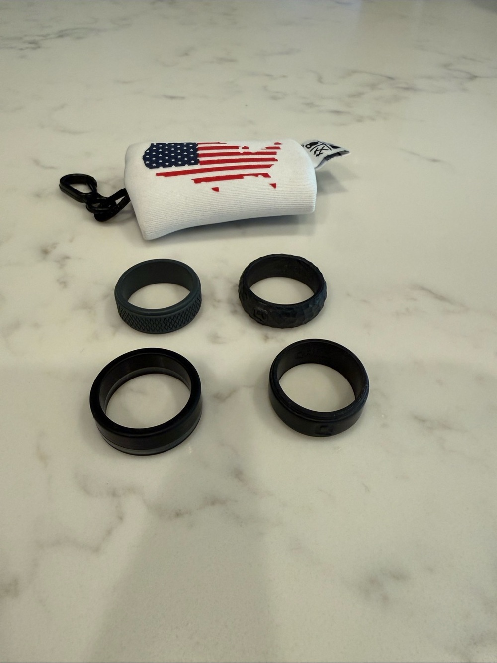 Qalo Black Silicone and Metal Men's Ring Set with Patriotic Pouch - Size 11